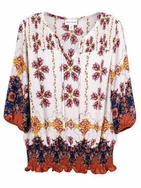 Fig & Flower Plus Size Boho Spring Vibrant Fall 2X Smocked Bottom Hem Blouse Top